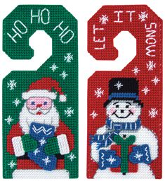 two christmas door hangers with santa and snowman on them, both decorated in green and red