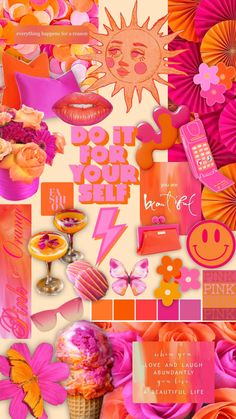 a collage of pink, orange and yellow items with the words pop your lips on them