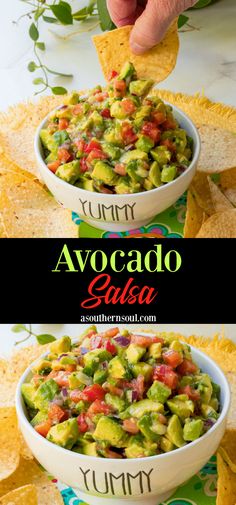 two bowls filled with guacamole and tortilla chips on top of each other