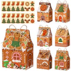 several gingerbread houses are shown with decorations on them