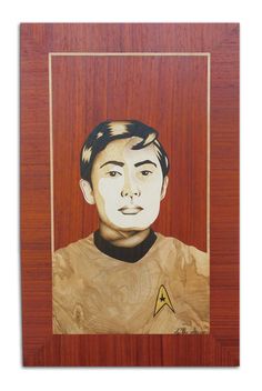 a painting of a man with a star trek uniform on it's chest, in a wooden frame