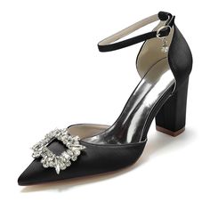 Shop Black Rhinestone Pointed Toe Chunky Heel Ankle Strap Pumps Satin Wedding Shoes color Black for Big Day, Party, Wedding with worldwide Free shipping & Free return.