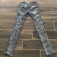 I Distinctly Remember Spending All Of My Money On These At The Beverly Hills Mall When I Was About 18/19. I Still Think They’re Cool But I Don’t Think I Will Ever Fit In Them Again. They’re Size 26. They Have Rips Going Up The Back And Front Of Your Legs And Rhinestones Around The Waist Band. Please Note To Save Disappointment: These Have No Give/Stretch! You Must Have Fairly Slender Legs To Fit Them!!!!!! Please Make An Offer If You Would Like Too! My Money, Jeans Distressed, Waist Band, Fit In, Beverly Hills, You Must, Blue Denim, Must Haves, Women Jeans