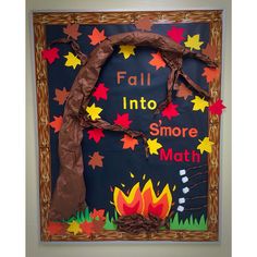 a bulletin board is decorated with fall leaves and the words fall into smore math