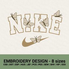 embroidery design - 8 sizes with butterflies and nike logo on white t - shirt fabric