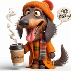 a cartoon dog holding a coffee cup with its tongue out and wearing an orange hat