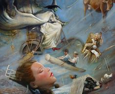 a painting of a woman floating in the air surrounded by animals and other things around her