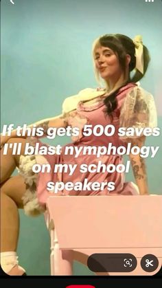 a woman sitting on top of a pink chair next to a stuffed animal and text that reads, if this gets 500 saves i'll blast nymphol