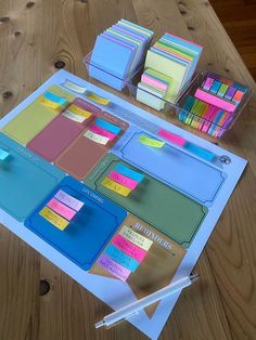 a table with sticky notes and pens on it