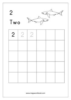 two shark numbers worksheet for kids to learn how to count the number 2