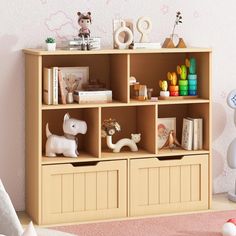 a wooden bookcase with toy animals and toys on it in a child's room