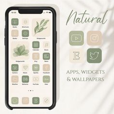 an iphone with icons on it and the words app icons natural written in green letters