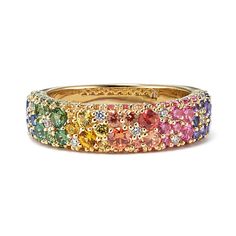 A mosaic of multi-colored natural sapphires dotted with natural diamond accents creates a rainbow of color along this beautiful ring. Its warm 14-karat yellow gold beautifully complements all the gemstones. Rainbow Gem Ring, Rainbow Stone Ring, Rainbow Diamond Ring, Rainbow Wedding Ring, Rainbow Engagement Ring, Colorful Wedding Band, Rainbow Wedding Band, Spirit Stone, Mosaic Rainbow