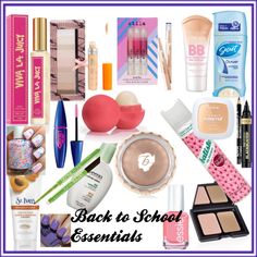 the back to school essentials are organized in this collage, including makeup and toiletries