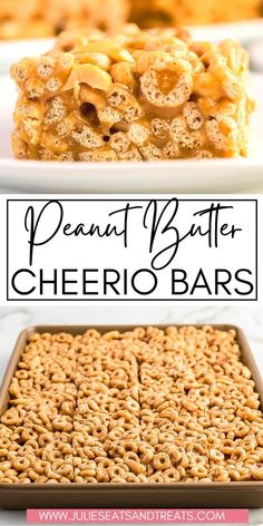 peanut butter cheerio bars on a white plate with the title above it in black and white