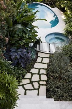 a pool surrounded by greenery next to a stone path