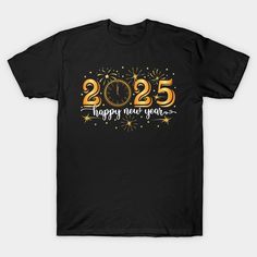 a black t - shirt that says happy new year's eve with fireworks in the background