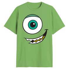 a green t - shirt with an evil face on the front and blue eyes on the back