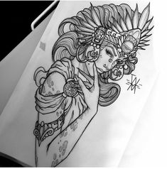 a drawing of a woman with tattoos on her arm