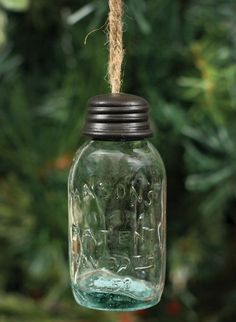 a glass mason jar hanging from a rope on a christmas tree ornament with an image of elephants in it