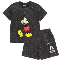 Get ready for a fun adventure in this cute and comfy Mickey Mouse outfit! This fashionable short sleeve shirt and shorts set features an easy-to-dress design and colorful artwork on the front and back of Mickey Mouse and his friends Pluto and Donald Duck! Soft and stylish, this cool Disney outfit is made of 100% cotton so your kid stays comfortable all day long! Due to the nature of the special wash on this garment, every piece will have variations of color and appearance. Size: 4T.  Color: Blac Memphis Outfits, Boys Athletic Outfits, Didney Worl, Cool Disney, Original Mickey Mouse, Mickey Mouse Outfit, Mouse Outfit