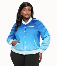 This beautiful bomber style jacket, in collaboration with Disney, is crafted in a blue ombre satin-like fabric. Outfitted with a snap button up front, long sleeves, side pockets, and a large screen print on the back of Princess Cinderella's castle with the words, "Happily Ever After". Complete with "Cinderella" embroidered on the chest. Cinderella Blue, Plus Size Satin, Cinderella's Castle, Blue Ombre, Ever After, Screen Print