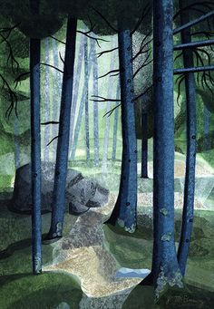 a painting of trees and rocks in the woods