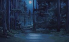 a painting of a path in the middle of a forest at night with a full moon