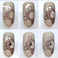 Teddy Bear Nail Art Step By Step, Simple Cartoon Nail Designs, Bear Nails Designs, Cute Bear Nails, Ongles Beiges, Animal Print Nail Art, Bear Nails, Cartoon Nail Designs, Animal Nail Designs