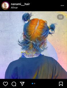 Queer Hair Color, Ginger And Blue Hair, Rainbow Mullet, Orange Blue Hair, Creative Hair Dye, Blue Orange Hair, Orange And Blue Hair, Blue And Orange Hair, Dyed Mullet