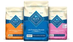 three bags of blue diamond dog food