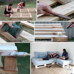 several pictures of people working on wooden pallets and making furniture out of wood planks