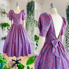 ♡ PLEASE ENLARGE PHOTOS FOR MORE DETAIL ♡ D E T A I L S * 1980s dress * fit + flare shape * cotton * floral print * red, pink, purple, green, black * short puff sleeves * low-cut back neckline with large bow trim * princess seams * basque waist * very full skirt * one in-seam hip pocket * nylon side zipper * bodice lined in self fabric, skirt is unlined * label: Laura Ashley M E A S U R E M E N T S fits like a: x-small | small shoulders: 13.5" bust: 32-34" waist: 24-25.5" hips: free length: 49.75" bodice length: 16" sleeve length: 13" skirt sweep: 144" C O N D I T I O N Excellent vintage condition. No issues to note! Freshly cleaned and ready to wear! ➳ Please read store policies prior to purchase. Thank you!! xoxo, Allyson ♥ Visit the shop! http://www.birthdaylifevintage.etsy.com ♥ Follow Laura Ashley Vintage Dress, 1980 Dress, Small Shoulders, Fashion 1980s, Basque Waist, 80’s Fashion, Fabric Skirt, 1980s Dresses, 80s Dress