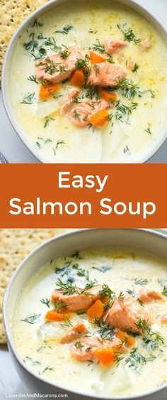 two bowls of salmon soup with carrots and herbs