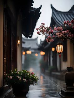 an empty street with lanterns and flowers in the rain