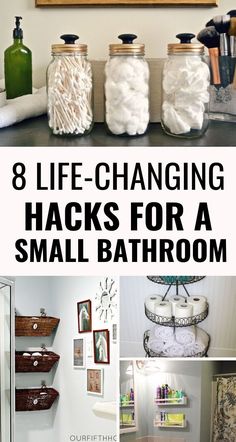 bathroom organization hacks for a small bathroom with pictures on the wall and in jars