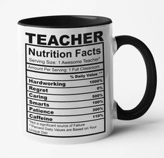 a black and white coffee mug with nutrition labels on it