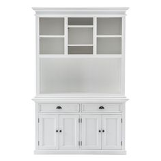 a white bookcase with two doors and drawers