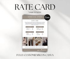 a white and brown business card with the words rate card in black lettering on it