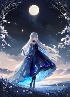 a woman in a blue dress standing under a full moon with her long white hair blowing in the wind