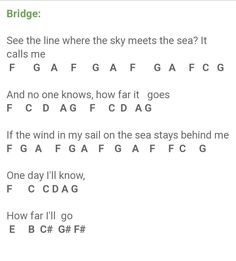 the guitar chords for bridge, which are highlighted in green and black text on a white background