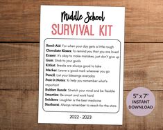 the high school survival kit is sitting on top of a wooden table next to a pink sticker