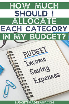 a notebook with the words how much should i alocate each category in my budget?