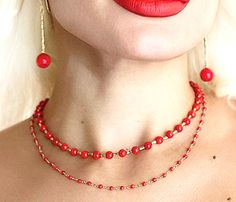 Classy Red Rosary Chain Necklace  Red Coral and Gold Plated Sterling Silver  Coral and Silver 925 Red Rosary, Rosary Chain Necklace, Red Coral Necklace, Gold And Red, Red Necklace, Coral And Gold, Necklace Red, Rosary Chain, Coral Necklace