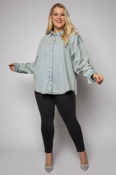 oversized denim shirt with crystal embellishments Oversized Washed Denim Blue Top, Oversized Distressed Button-up Tops, Oversized Light Wash Denim Top, Trendy Oversized Medium Wash Denim Top, Oversized Denim Button-up Tops, Oversized Denim Top With Frayed Hem, Trendy Oversized Medium Wash Top, Oversized Denim Dress For Fall, Oversized Tops For A Day Out