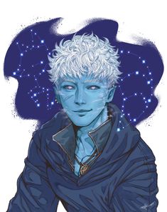 a drawing of a man with white hair and blue eyes, in front of stars