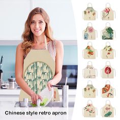 the woman is wearing an apron and cutting vegetables in her kitchen with many different designs on it