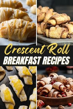 several different pictures of pastries with the words crescent roll breakfast recipes written below them