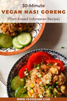 two plates filled with vegetables and rice on top of a white countertop next to each other