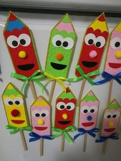 the sesame street puppets are ready to be put on sticks for school luncheons